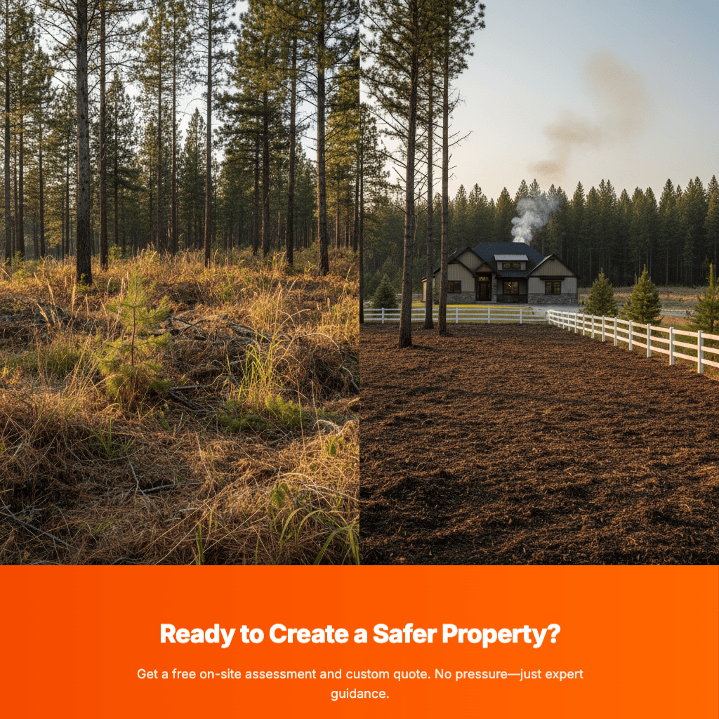 Before and after forestry mulching creating defensible space on Spokane area property