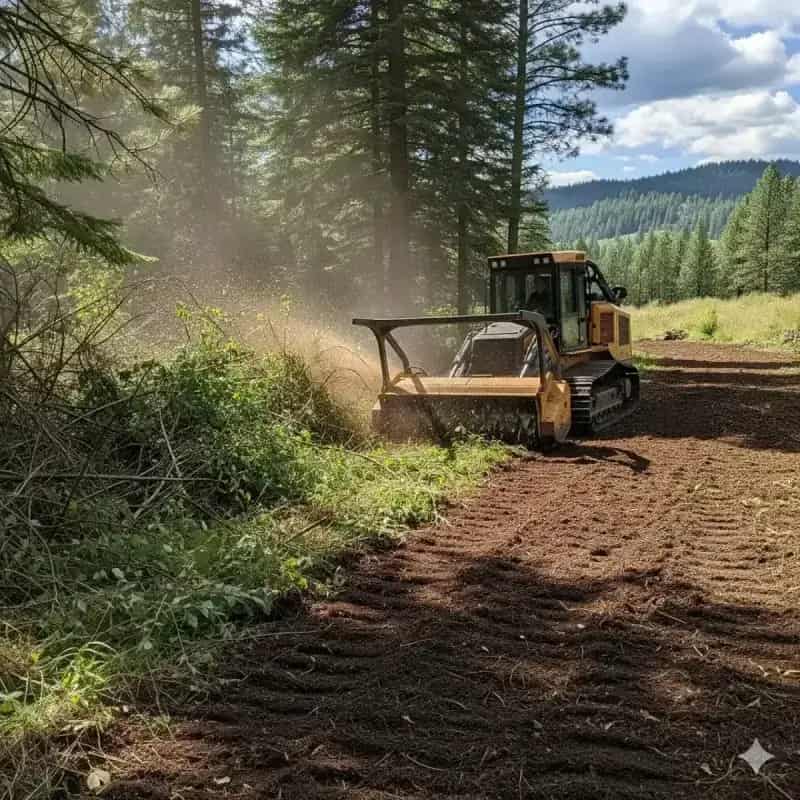 Forestry mulching equipment clearing dense brush and ladder fuels on a Spokane-area property