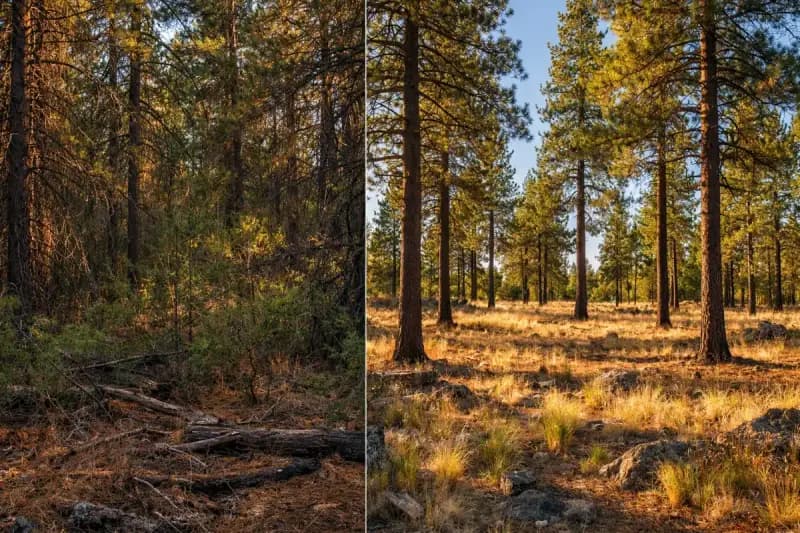 Second before and after comparison at golden hour — left shows a choked forest with ladder fuels and tangled brush; right shows widely spaced ponderosa pines with reduced fuel load and improved crown spacing after professional thinning