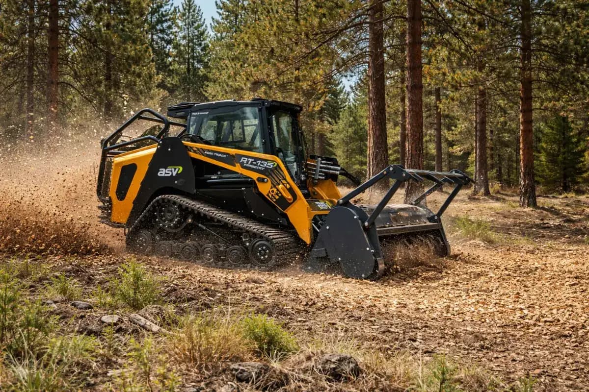 ASV tracked forestry mulcher with drum-style mulching head actively processing brush and small-diameter trees in an Eastern Washington ponderosa pine stand, wood chips spraying from the cutting head