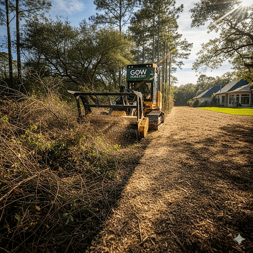 Forestry mulching machinery in operation creating defensible space