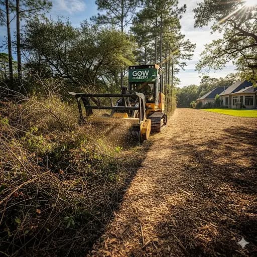 Forestry mulching machinery in operation creating defensible space
