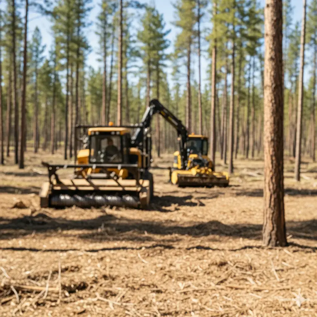 Forestry mulching operation in Eastern Washington pine forest